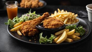 AI generated fried chicken and french fries with salad in black plate photo