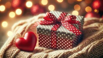 AI generated Cozy Gift with Heart and Warm Knit Background photo