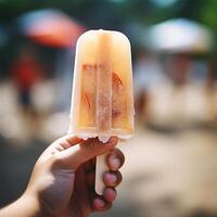 ai generado un niño sostiene un paleta de hielo en un palo. de cerca. sabroso verano refrescante bocadillo foto