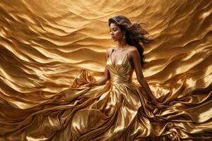 AI generated A woman in a luxurious golden dress, a golden backdrop, full of charm and luxury. photo