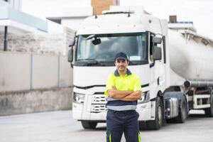 Positive man standing in front of tanker on sunny day photo