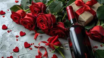 ai generado San Valentín día romance con rojo rosas y vino foto