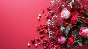 AI generated Vivid Bouquet Arrangement on Red Backdrop photo