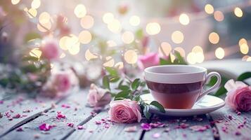 ai generado acogedor té hora entre floreciente rosas y suave luces foto