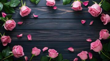 AI generated Pink Roses and Petals on Dark Wooden Texture photo