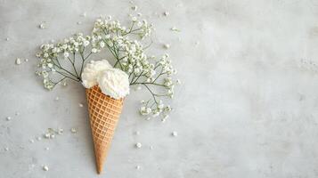 AI generated Ice Cream Cone with Flowers on Concrete Background photo