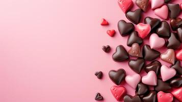 AI generated Colorful Heart Chocolates on Pink Background photo