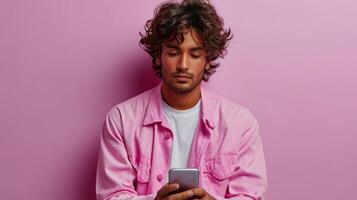 ai generado elegante indio hombre en rosado chaqueta utilizando teléfono inteligente en antecedentes. foto