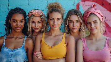 AI generated Portrait of a group of five beautiful young women in casual clothes. photo