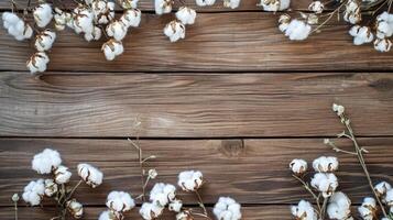 AI generated Cotton Bolls Arranged on Wooden Planks photo