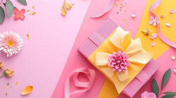 AI generated Colorful Gift with Floral Decorations on Dual-Tone Background photo