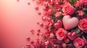 ai generado romántico florecer rosas y corazones foto