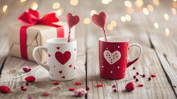 AI generated Valentine's Day Celebration with Heart Mugs and Gift photo