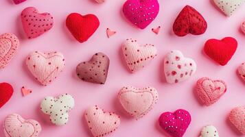 AI generated Assorted Handmade Fabric Hearts on Pink Background photo