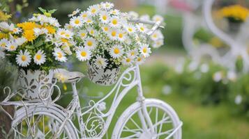 AI generated Decorative Bicycle with Flower Baskets in Garden photo