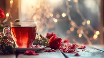 AI generated Romantic Tea Time A Warm Cup Among Roses and Twinkling Lights photo