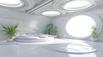ai generado minimalista futurista salón con natural acentos foto