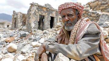 AI generated Portrait of a poor beggar in Yemen against destroyed city. photo