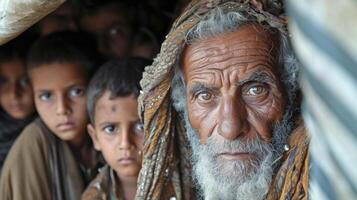 ai generado retrato de un pobre mendigo antiguo árabe hombre con niños en jebel harraz región Yemen. foto