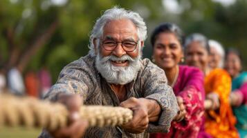 ai generado mayor indio personas jugando tirón de guerra a el parque en India. foto