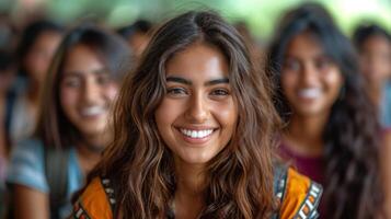 ai generado retrato de sonriente indio estudiante niña con amigos en antecedentes. foto