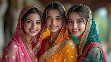 AI generated Portrait of three beautiful young indian women in sari looking at camera. photo