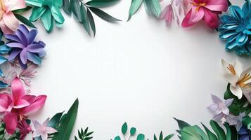 AI generated Colorful Paper Flowers Frame on White Background photo
