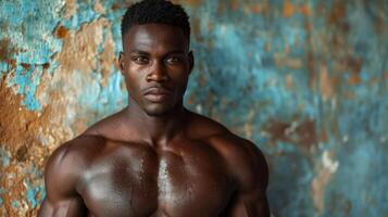 ai generado retrato de hermoso africano americano hombre con muscular cuerpo. foto