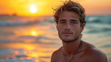 ai generado retrato de hermoso joven hombre con mojado pelo mirando a cámara en el playa a puesta de sol foto