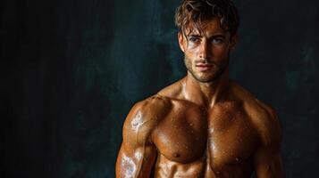 AI generated Portrait of a handsome muscular man with wet muscular body posing over dark background. photo