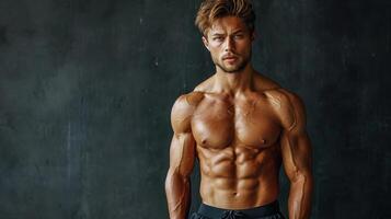 AI generated Handsome strong athletic man with muscular body and bare torso standing over dark background. photo