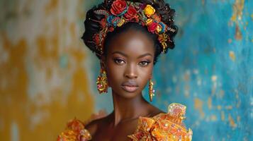 AI generated Beautiful african american woman in traditional dress. Portrait of young African woman. photo