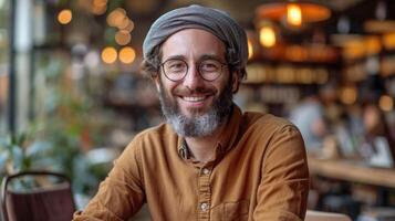 AI generated Portrait of smiling israeli bearded man in eyeglasses sitting in cafe photo