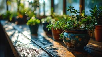 AI generated Plants in a pot on a wooden table. photo