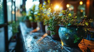 AI generated Plants in pots on a wooden table in a cafe. Selective focus. photo
