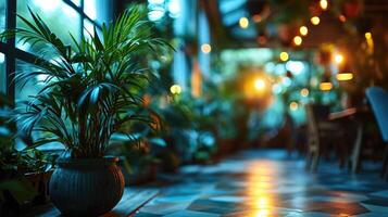 AI generated Coffee shop or cafe interior with plant decoration and lights. photo