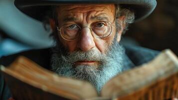 ai generado retrato de un antiguo judío hombre con un largo gris barba y Bigote en un sombrero leyendo un libro foto