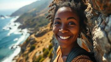 AI generated Happy african american woman smiling while waiting to jump with parachute from cliff. photo