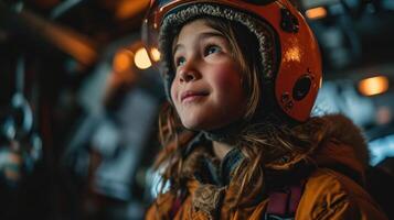 AI generated Portrait of a little girl in an skydiving helmet prepare to jump with parachute. photo