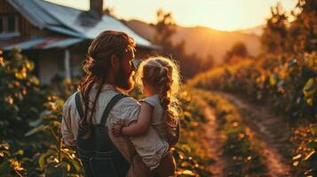 ai generado padre y hija en el té plantación a puesta de sol. el concepto de un contento familia. foto