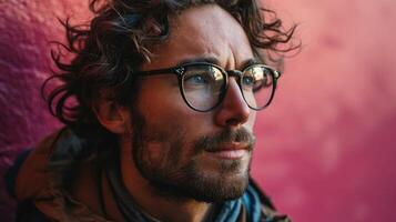 AI generated Portrait of a young handsome man with long curly hair wearing glasses against pink wall. photo