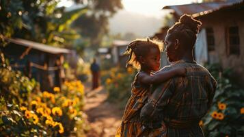 ai generado retrato de africano hombre y su hija en aldea. foto