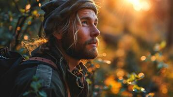 AI generated Portrait of a handsome hipster bearded man with long hair in a hat and a jacket on the background of the forest. photo