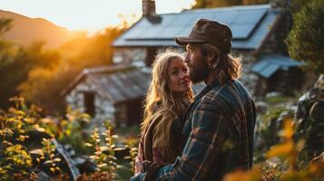 ai generado retrato de un amoroso Pareja en el campo a puesta de sol. ellos son mirando a cada otro y sonriente. foto