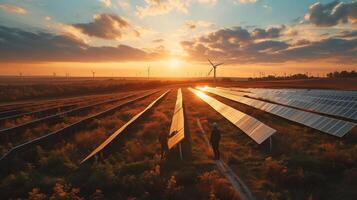 AI generated Aerial view of engineer standing on Solar panels and wind turbines generating renewable energy for green and sustainable future, Green enregy, Generative ai. photo