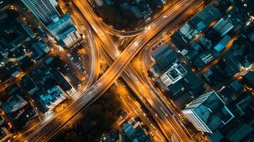 AI generated Aerial view of highway and overpass in city, night city, Modern construction design of traffic ways to avoid traffic jams, Generative ai. photo