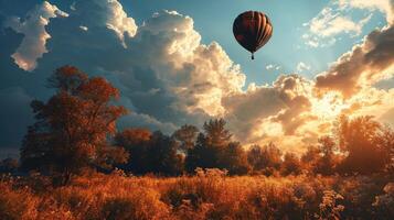 ai generado caliente aire globo volador en el azul cielo con nubes a puesta de sol foto