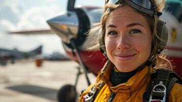 AI generated Portrait of young female pilot standing with her airplane in the background photo