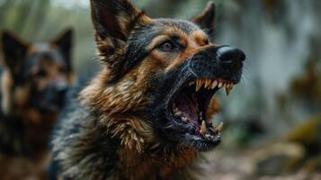 AI generated German shepherd dog with open mouth on blurred background, close-up. Animal rabies. photo