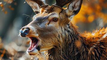 AI generated Close up of a Red Deer with open mouth. Animal rabies. photo